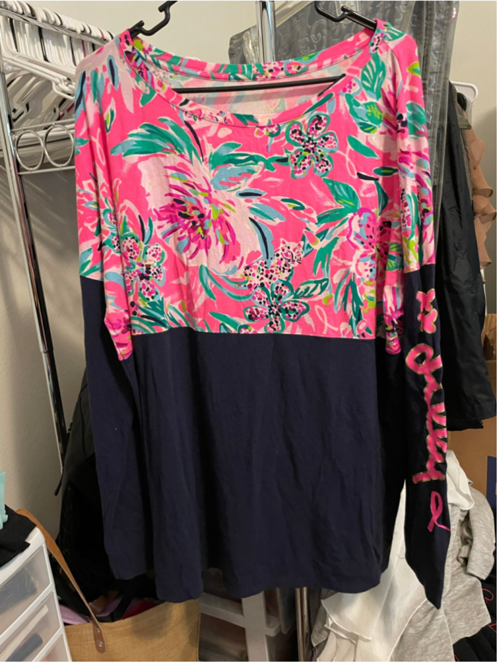 Women's Lilly Pulitzer Long Sleeve Tee XXL Pink Navy Blue Floral LE